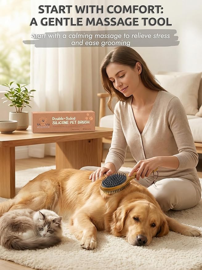 TAKAVU Short Hair Dog & Cat Deshedding Brush - Double Sided Grooming Tool with Silicone Massage & Bristle Sides - Removes Loose Fur & Dirt - Wood Handle
