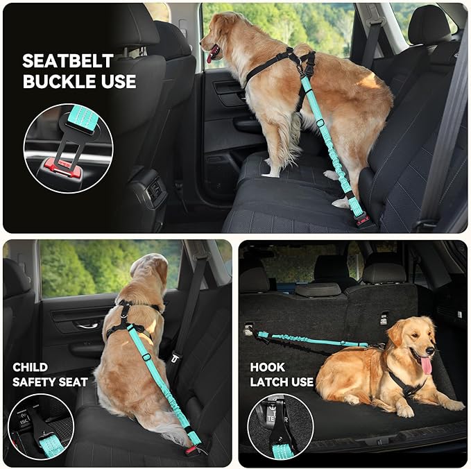 Pawaboo 2Pack Dog Seatbelt for Car, 3-in-1 Dog Car Seat Belt, Shockproof Dogs Tether with Buckle & Hook Latch, Adjustable Reflective Dogs Cars Leash with 360° Lockable Buckle, Lake Blue + Black