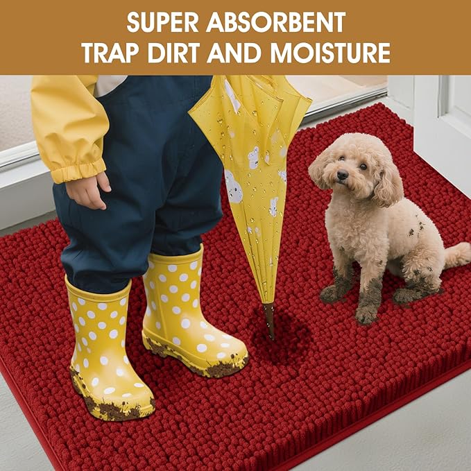 IM HOME Dog Door Mats for Muddy Paws, 30" X 20" Christmas Chenille Absorbent Doormat, Non Slip Heavy Dog Rugs for Muddy Paws, Soft Indoor Door Mat for Entryway, Mud Paw, Inside Floor, Red