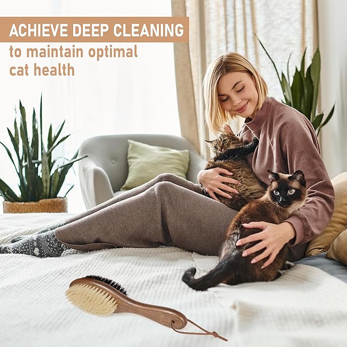 TAKAVU Double-Sided Boar Bristle Cat Brush - Natural Grooming Tool for Gentle Cleaning, Shine & Reduced Loose Hair - Wood Handle Pet Brush