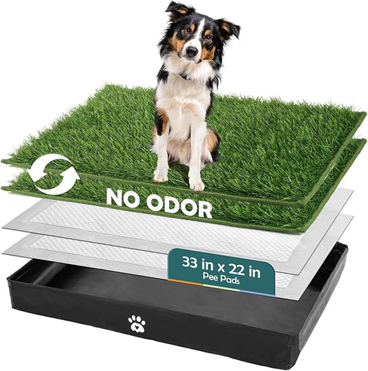 MEEXPAWS Dog Grass Pad with Tray Foldable Dog Litter Box, Large Pee Pad Holder Foldable Liner Base High Side with Odor Free Artificial Grass for Puppy Potty Training Balcony, 2 PCS Disposable Pee Pads