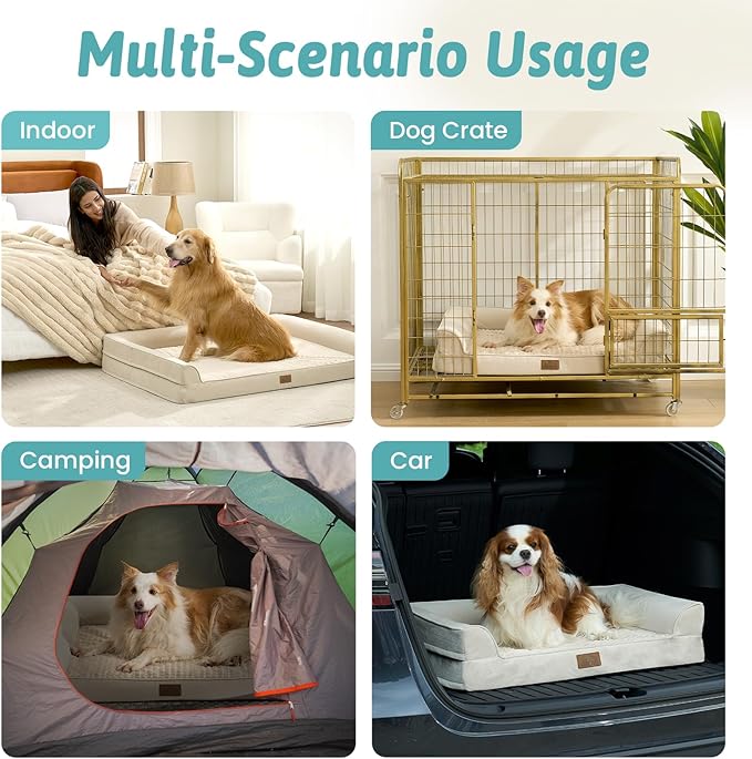 Orthopedic Dog Beds for Large Sized Dog, XL Bolster Pet Couch with Waterproof Lining, Egg Crate Foam Sofa for Pets Up to 100 lbs, U-Shaped, 44x32x7 inch, Beige