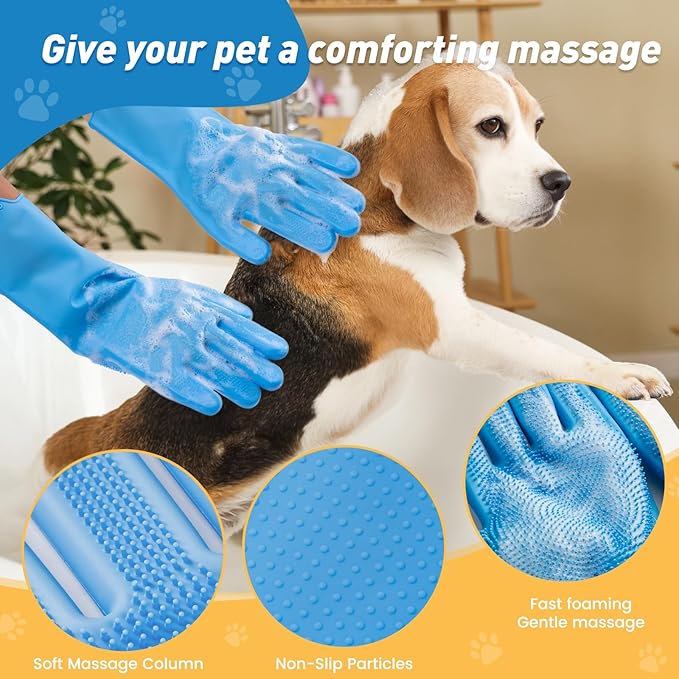 Pet Shower & Bath Supplies，Dog Shampoo Brush Set with Towel, Washing Gloves,Comb for Dogs and Cats (Blue)