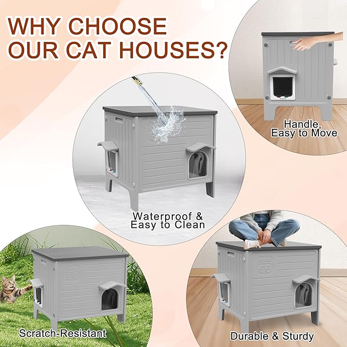 Deblue Cat House Outdoor with Cat Mat Large Weatherpoof Plastic Cats Houses with Escape Door Indoor Waterproof Feral/Pet Cat Shelter Outside for Multiple Cats (Grey)
