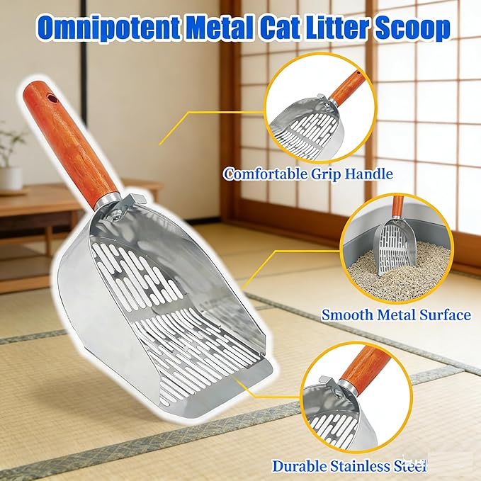 Cat Litter Scoop Metal 304 Stainless Steel, One-Piece Pressed Design with No Weld Spots, Durable Anti-Break Handle, Dual Slot Sizes, with Holder Stand, Easy to Clean, Filters Small Litter Clumps