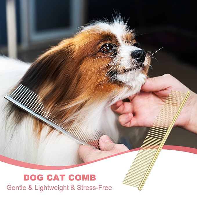 Dog Cat Comb, Pet Combs Stainless Steel Teeth with Rounded Ends for Knots Mats Loose Hair Removal, 6.5/7.5IN (Gold Plated, 2 Pack), Grooming Tool Intended for Long Curly Hair Pet
