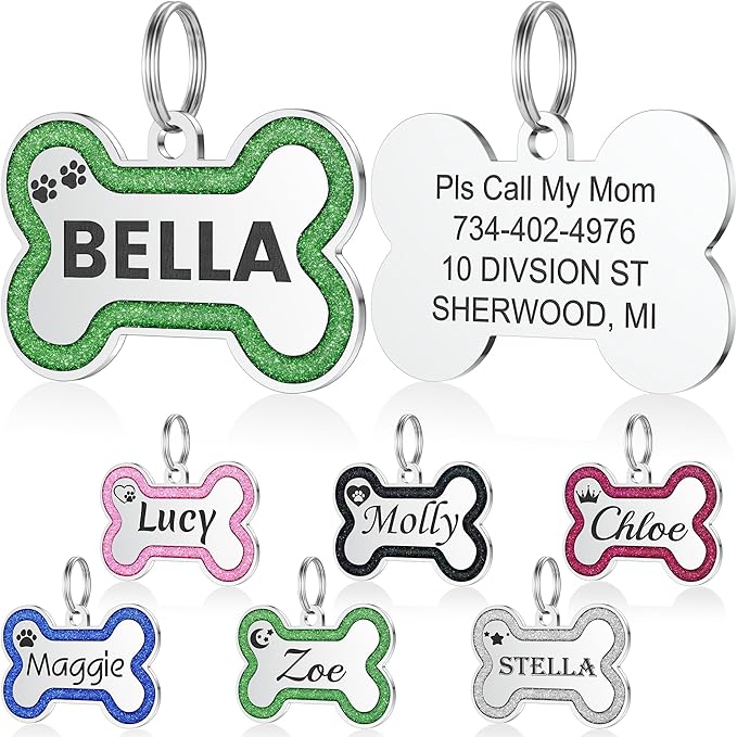 YEHANTI Dog Tags Personalized for Pets - Durable Stainless Steel Pet ID Tags with Lovely Icons, Glitter Bone Custom Dog Tags for Large Small Dogs Cats, Dog Name Tags Engraved On Both Sides（S, Green）