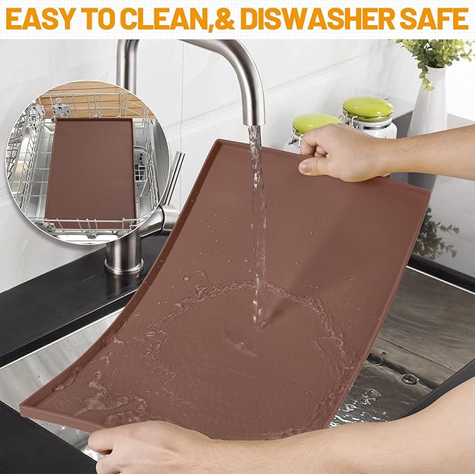 Hubulk Dog Feeding Mat,100% Waterproof Food Grade Silicone Pet Food and Water Bowl Placemat,Dishwasher, High Raised Edge to Prevent Spills,Nonslip Tray to Stop Messes on Floor（28"x18"x0.8", Brown）