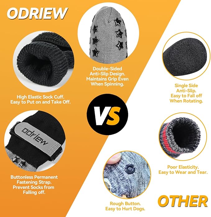 ODRIEW Non Slip Dog Socks to Prevent Licking Paws - Dog Booties for Hardwood Floors Anti Slip - Grippy Socks for Senior Dog - Double Side Paw Protector Prevent Scratching for Hot Pavement. (Grey, S)