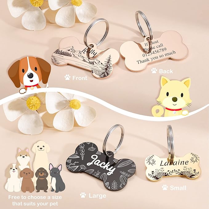 Dog Tags Stainless Steel Pet Tags Personalized Double-Sided Engraved Dog and Cat Tags Custom Pet Name ID Tag, Various Design Options (Bone)