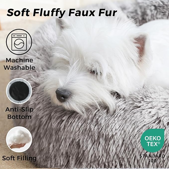 Calming Dog Bed & Cat Bed for Indoor Cats, Medium Size Washable Anti-Slip Anti-Anxiety Donut Dog Beds for Small Dogs & Cats, Fluffy Plush Cozy Round Dog Bed(20 Inch, Brown)