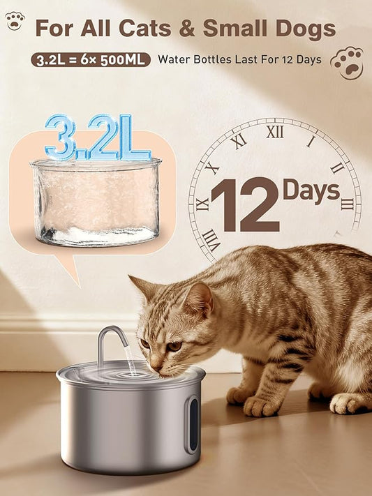 Nasebila Stainless Steel Cat Water Fountain, 3.2L/108oz Quiet Automatic Cat Water Dispenser, Indoor Pet Spout, Dog Drinking Bowl with 1x Filter & 1x Sponge for Cats/Dogs/Multiple Pets - Silver