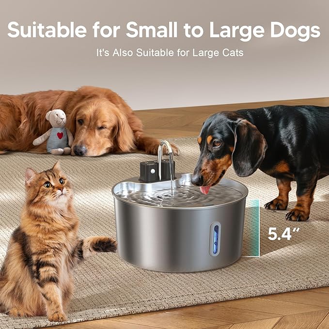 Dog Water Fountain,Wireless Stainless Steel Dog Fountain for Small to Large Dogs,1.8Gal/7L Battery Operated Cat Water Fountain,Water Level Window,Quiet Pump,Multi-Filtration,Easy Clean,6 Filter