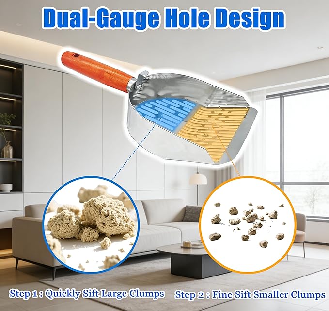 Cat Litter Scoop Metal 304 Stainless Steel, One-Piece Pressed Design with No Weld Spots, Durable Anti-Break Handle, Dual Slot Sizes, with Holder Stand, Easy to Clean, Filters Small Litter Clumps