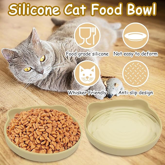 Silicone Cat Food Bowl Suction Cup Cat Dish 7" Shallow Cats Food & Water Bowls Set of 2 Non-Slip Kitty Plates Relief Whisker Fatigue Puppy Feeding Bowl for Dry & Wet Food (Beige)