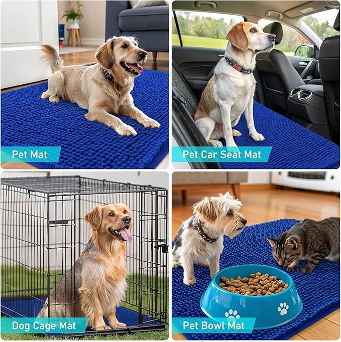 OLANLY Dog Door Mat for Muddy Paws 44x24, Absorbs Moisture and Dirt, Absorbent Non-Slip Washable Doormat, Quick Dry Chenille Mud Mat for Dogs, Entry Indoor Entryway Carpet for Inside Floor, Royal Blue