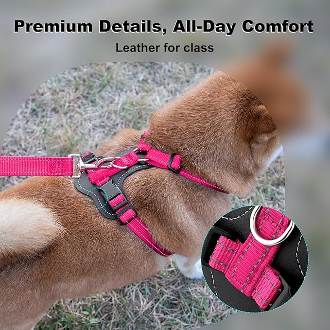 Plutus Pet Adjustable No Pull Dog Harness with Leather Accents, Heavy Duty Reflective Nylon Vest for Training, Hiking, Easy Walk Harness for Small, Medium, Large Dogs (Hot Pink, XL)