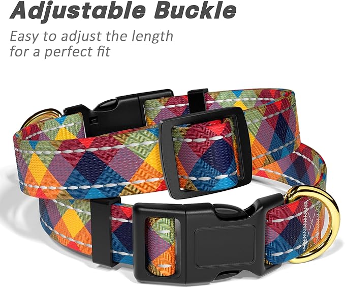 Reflective Dog Collar for Medium Dogs, Cute Boho Adjustable Heavy-Duty Nylon Puppy Collar for Boy and Girl Female, Soft Pet Accessories with Quick Release Buckle, Colorful Tartan