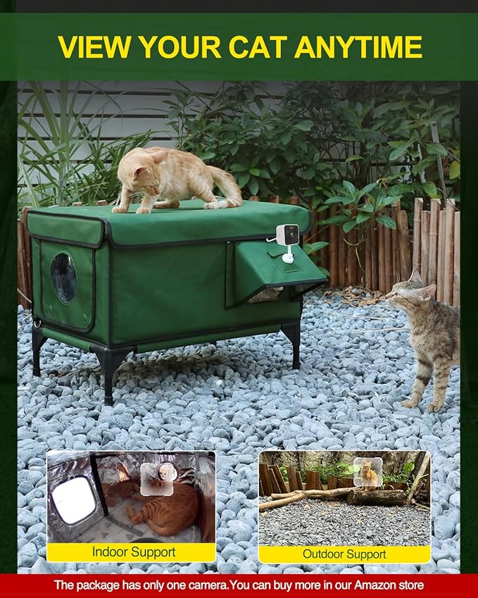 Heated Cat House for Outside,Dual Camera Mounts,100% Weatherproof & Extremely Insulated,Elevated Feral Cat Shelter with Escape Door,Waterproof Eaves for Outdoor Stray Barn Cat(Army Green,M)