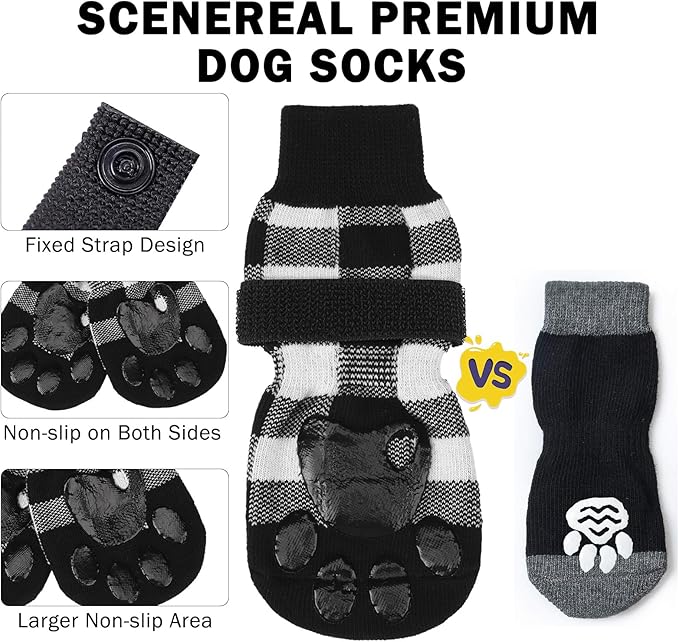 SCENEREAL 6Pcs Anti Slip Dog Socks to Prevent Licking Paws for Hot/Cold Pavement, Dog Grippy Socks for Hardwood Floors, Dog Shoes for Boots & Paw Protectors for Puppy Small Medium Large Senior Dogs