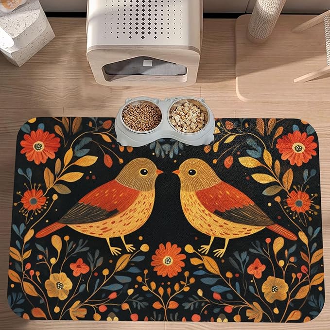 Botanical Bird Flower Dog & Cat Food Mat for Floors Waterproof,Quick Dry Anti-Slip Bowl Mats for Food and Water,Pet Feeding Mats,Pet Placemat for Messy Drinkers to Protect Floors 17.72×11.81in