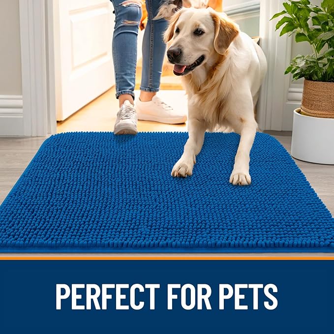 OLANLY Dog Door Mat for Muddy Paws 24x16, Absorbs Moisture and Dirt, Absorbent Non-Slip Washable Doormat, Quick Dry Chenille Mud Mat, Entry Indoor Entryway Carpet for Inside Floor, Deep Navy Blue