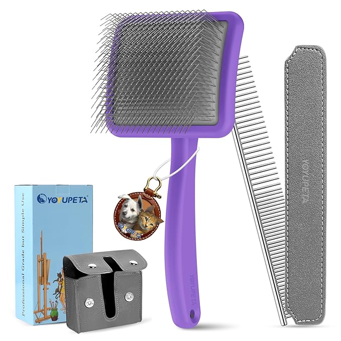 Large Long Pin Slicker Brush & Comb for Poodles, Goldendoodles & Cockapoos, Long Hair Dogs & Cats, Detangler Brush for Shedding & Matted Fur, Ergonomic Wooden Handle, Leather Sleeves. Purple