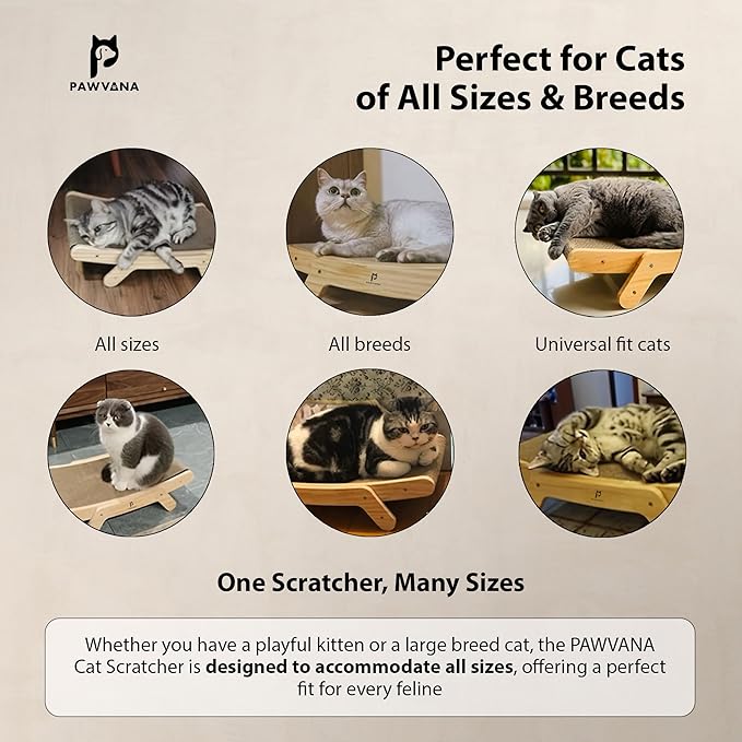 Cat Scratching Board, 3-Position Corrugated Cardboard Cat Scratcher & Lounger with Natural Wood Frame. Large Cats Scratch Pad & Bed for Kittens & Adults. Cat Enrichment & Furniture Protector
