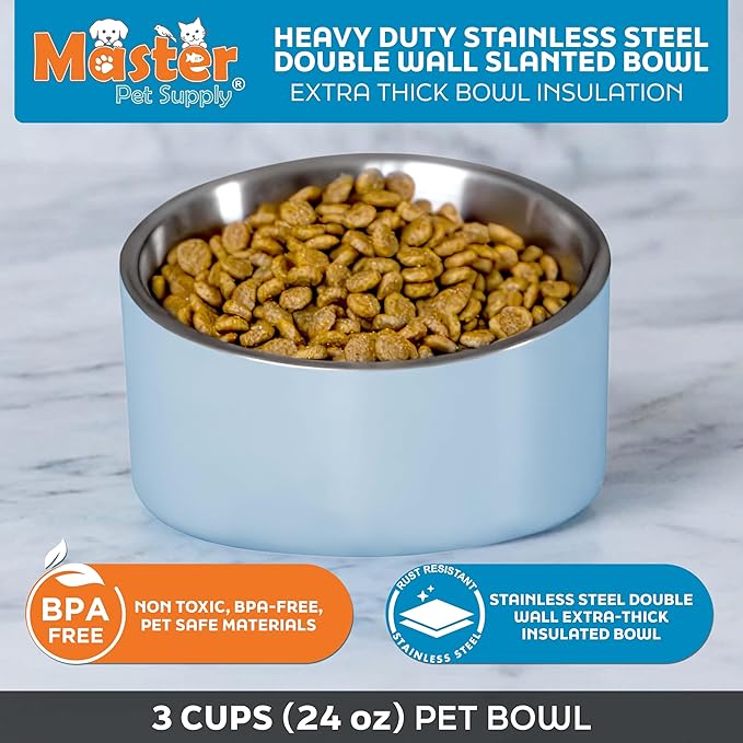 Master Pet Supply Stainless Steel Slanted Dog Cat Food Bowl - 24 oz Heavy Duty - Glacier Blue, Double Wall Insulated, Non-Slip Elevated Bowl for French Bulldogs Pugs Cats, Anti Rust Dishwasher Safe