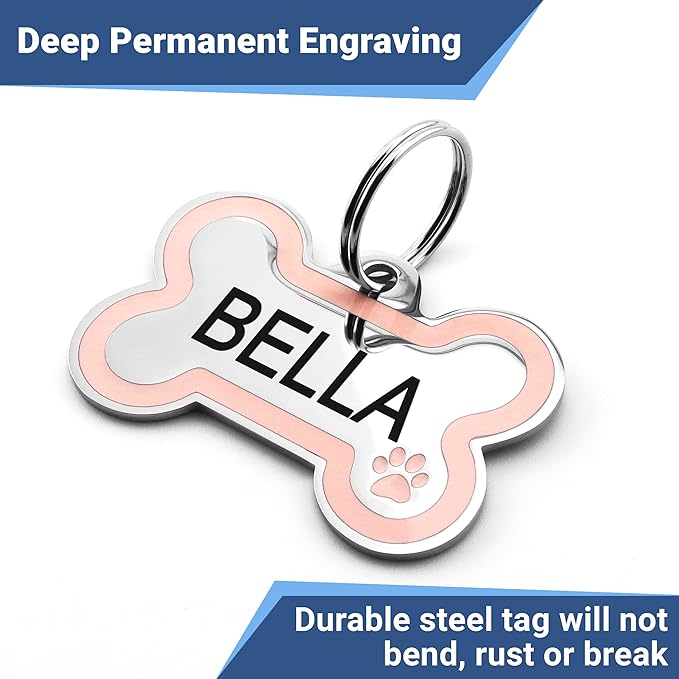 GoTags Stainless Steel Pet ID Bone Round and Heart Shaped Tags with Enamel Paw Design, Personalized Dog and Cat Tags, up to 5 Lines of Custom Text, Engraved on Both Sides (Sage, Small Bone)