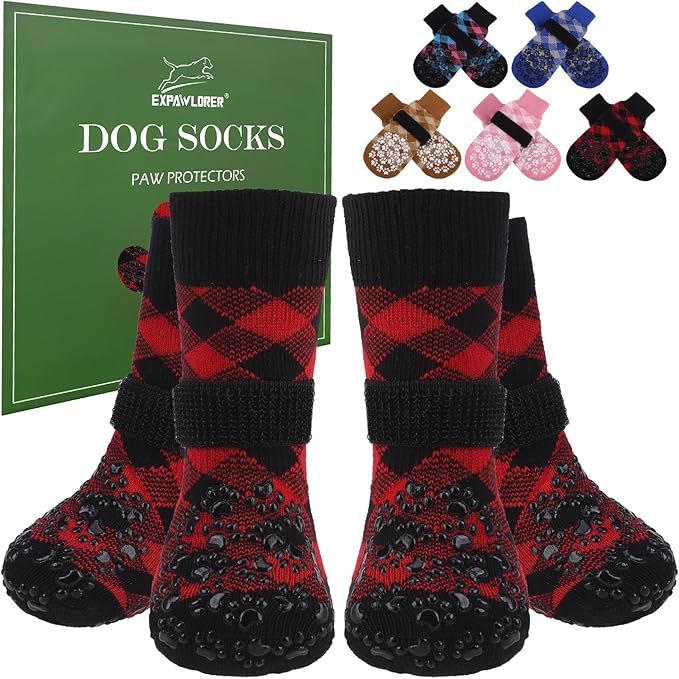 EXPAWLORER Dog Socks for Cold Winter Snow to Prevent Licking Paws, Anti Slip Doggie Booties Grippy Shoes for Hardwood Floors, Boots & Paw Protectors for Small Medium Large Senior Dogs Red Black XS