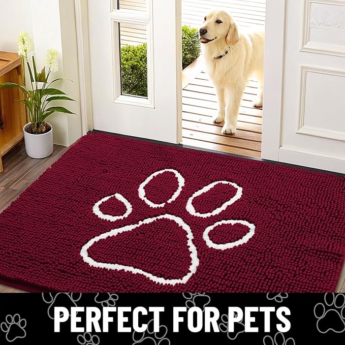 Smiry Dog Door Mat for Muddy Paws, Absorbent Dirt Trapper Non Slip Quick Dry Washable Chenille Mat for Mud Dogs, Entry Rug for Indoor and Outdoor (24x16 Inches, Burgundy and White)