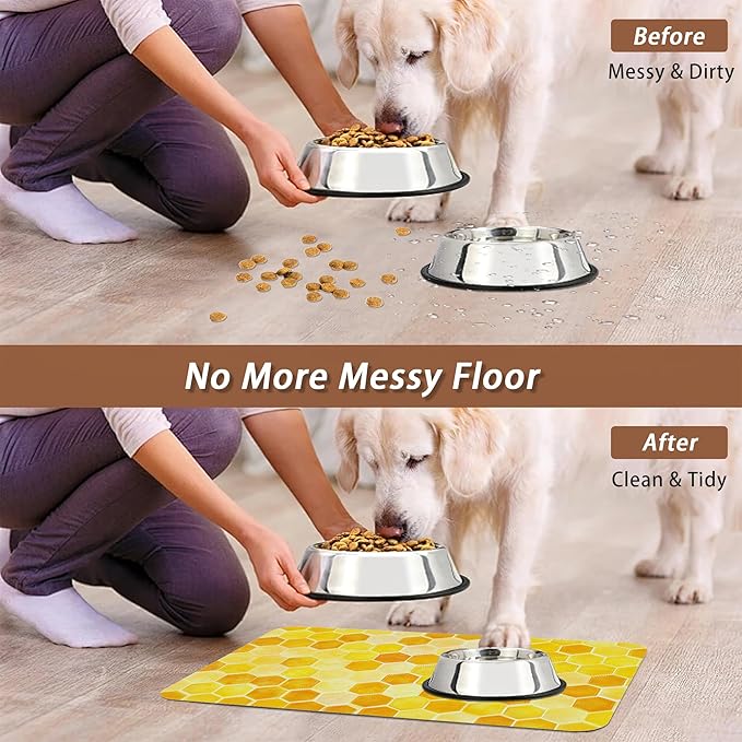 Honeycomb Bee Geometric Dog Food Mat for Floors,Absorbent Quick-Dry Pet Feeding Mat,Cat Dog Bowl Mats for Food and Water,Non-Slip Pet Accessories Supplies 16"x24"