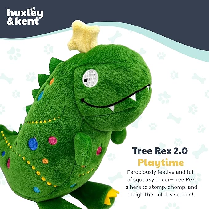 Huxley & Kent Funny Dog Toy w/Squeaker – Holiday Power Plush Squeaky Dog Toys for Small, Medium & Large Dogs – Soft Stuffed Animal for Indoor Play & Fetch - Tree Rex 2.0, Small
