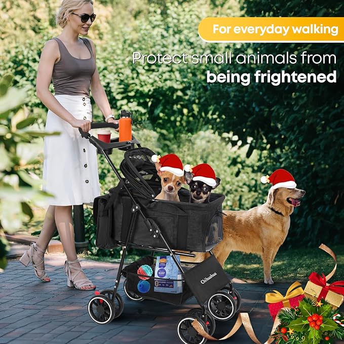 2-in-1 Foldable Pet Stroller with Canopy, 4 Wheels Pet Strolling Cart for Small/Medium Dogs and Cats with Removable Carrier,Breathable Mesh,Mom Tote Bag,Cup Holders,Easy Assembly,Black