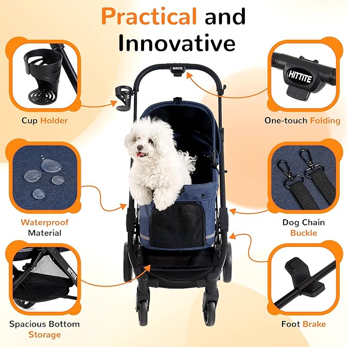 HITTITE Pet Stroller with Weatherproof Cover, All-Terrain 4-Wheel Cat & Dog Stroller with Adjustable Canopy, Foldable Dog Strollers with Storage Basket for Small to Medium Dogs Up to 55 lbs.
