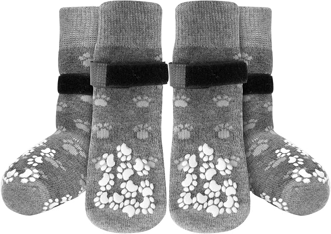 Anti-Slip Dog Socks Prevent Licking Paws,Dog Socks with Grippers for Senior Dogs Walk on Hardwood Floor,Dog Grippers with Strong Traction,Dog Essentials,Grey 2 Pairs,XS
