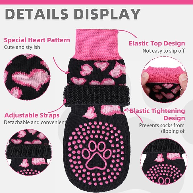 KOOLTAIL Anti Slip Dog Socks for Hot/Cold Pavement to Prevent Licking Paws, Dog Boots&Paw Protector with Grippers for Hardwood Floors,Pink Heart Valentine's Socks Booties for Small Medium Large Dogs M