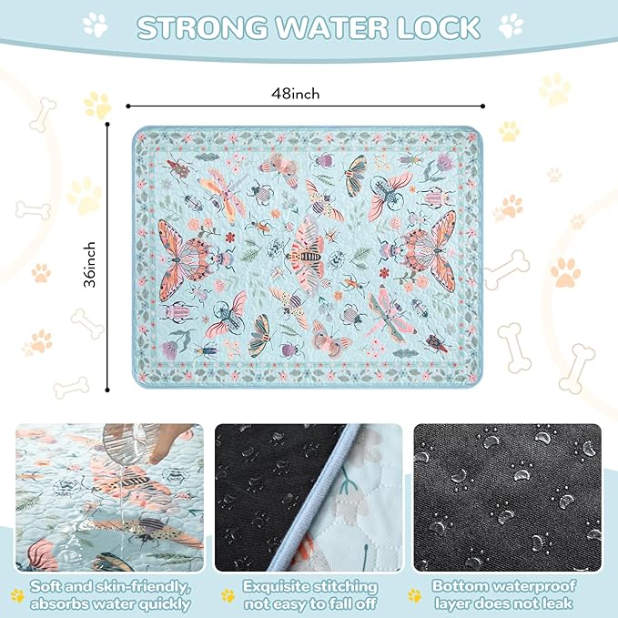 Lahome Washable Reusable Pee Pads for Dogs - Blue Butterfly & Insect Print 2 Pack Puppy Pads, Super Absorbent & Waterproof Training Mats for Crate & Floor - Leakproof with Non-Slip Backing (36"x48")