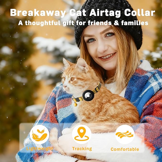 Airtag Cat Collar, Safety Breakaway Cat Collar with Apple Airtag Holder, Reflective Air Tag Kitten Collar with Bell, Adjustable Tracking Collar for Kittens for Boys Girls, Yellow