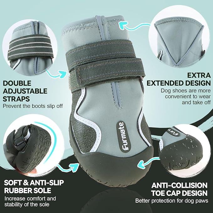 Furmate Dog Shoes for Large Small Medium Dogs,Dog Booties for Indoor Hardfloors Anti-Slip,Reflective Strip Waterproof Dog Boots & Paw Protectors for Outdoor Walking Hot Pavement,Winter Snow (Green-7)
