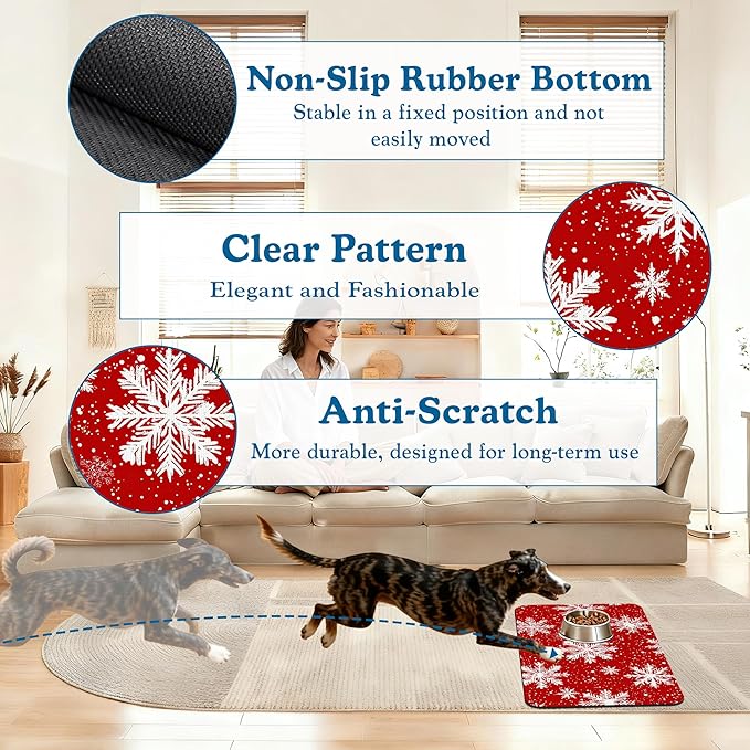 Chirtsmas Snow Flower Pet Food Mat for Cats and Dogs–Absorbent Quick Dry Feeding Placemat, Non Slip Rubber Base, Waterproof Bowl Mat for Indoor Use, Pet Supplies 16"x24"