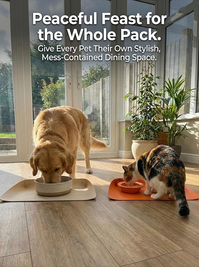 Pet Dog Food Mat w/Raised-Edge – Waterproof Faux Leather Cat Placemat for Bowls, Non-Slip & Washable Feeding Mat for Messy Eaters, Splash Guard for Floors (Cafe Latte,M)