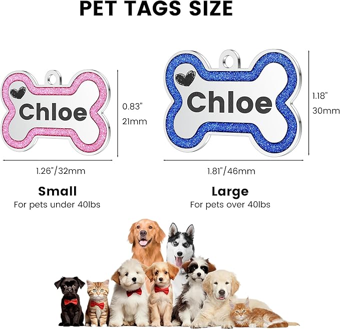 YEHANTI Dog Tags Personalized for Pets - Durable Stainless Steel Pet ID Tags with Lovely Icons, Glitter Bone Custom Dog Tags for Large Small Dogs Cats, Dog Name Tags Engraved On Both Sides（S, Green）