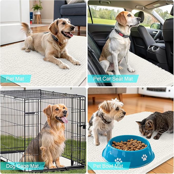 OLANLY Dog Door Mat for Muddy Paws 59x24, Absorbs Moisture and Dirt, Absorbent Non-Slip Washable Doormat, Quick Dry Chenille Mud Mat for Dogs, Entry Indoor Entryway Carpet for Inside Floor, Ivory