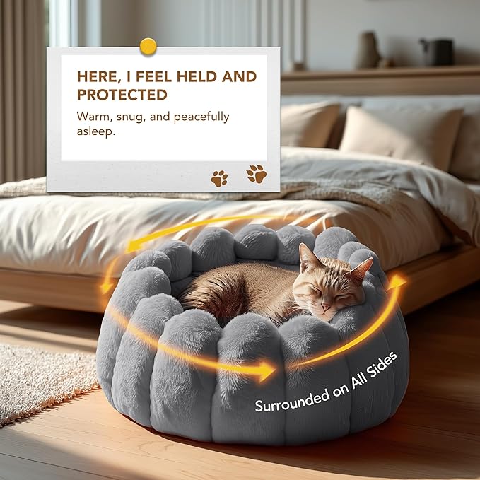 PETNOVO Pumpkin Calming Cat Bed,Plush Donut Cuddler with High Bolster,Ultra Soft Bunny Plush,Oeko‑TEX,Non-Slip Pet Nest,for Indoor Cats up to 13 lbs & Small Dogs,20Lx20Wx12H Inch,Grey