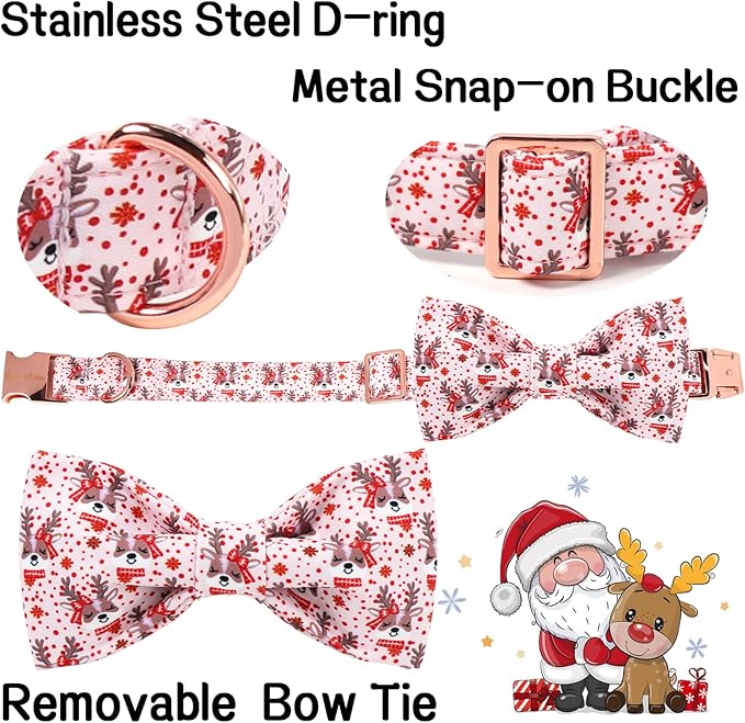 Unique Style Paws Christmas Dog Collar with Bow Red Pink Elk Cotton Puppy Collars for Small Medium Large Dogs