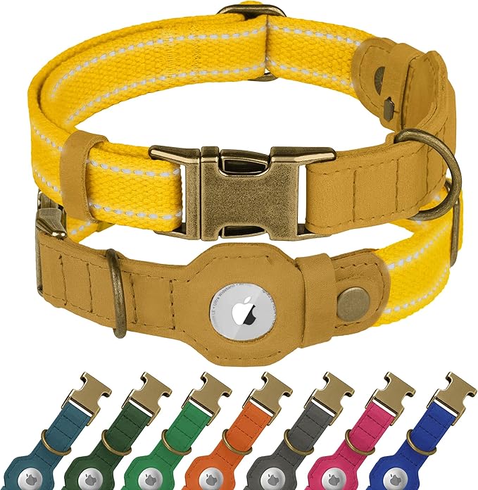 Reflective Leather Dog Collar with AirTag Holder - Soft Apple Airtag Dog Collar with Metal Buckle - Safety Cotton Pet Collars for Dogs Small Large Dogs Puppy (Yellow, S, 12"-15")
