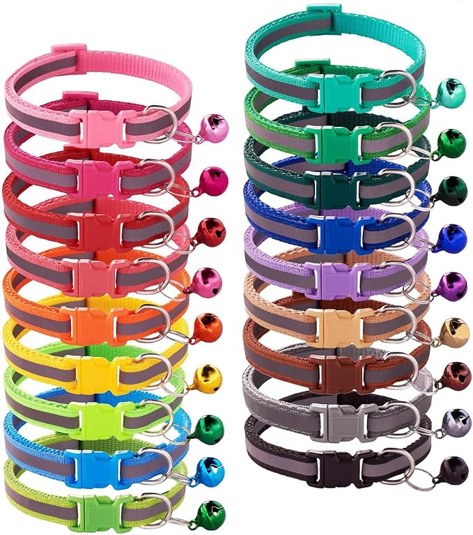 18Pcs Reflective Puppy Collars, Cat ID Collars with Bell Adjustable 19-32cm, Soft Nylon Adjustable Quick Release Identification Collars for Puppy Cat(Unbreakaway)