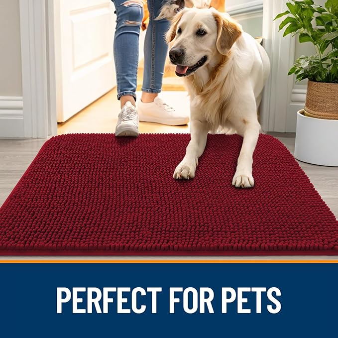 OLANLY Dog Door Mat for Muddy Paws 59x35, Absorbs Moisture and Dirt, Absorbent Non-Slip Washable Doormat, Quick Dry Chenille Mud Mat for Dogs, Entry Indoor Entryway Carpet for Inside Floor, Red